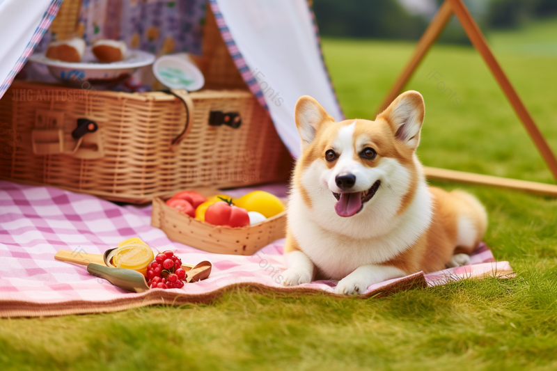 草地上露营游玩的狗狗柯基犬,高清,摄影图,摄影图片,图片大全,摄影图免费下载